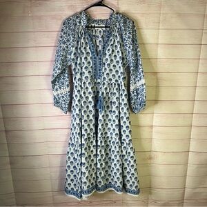 Naudic Blue White Floral Cotton Embroidered Tassel Midi Pocketed Dress Size XL
